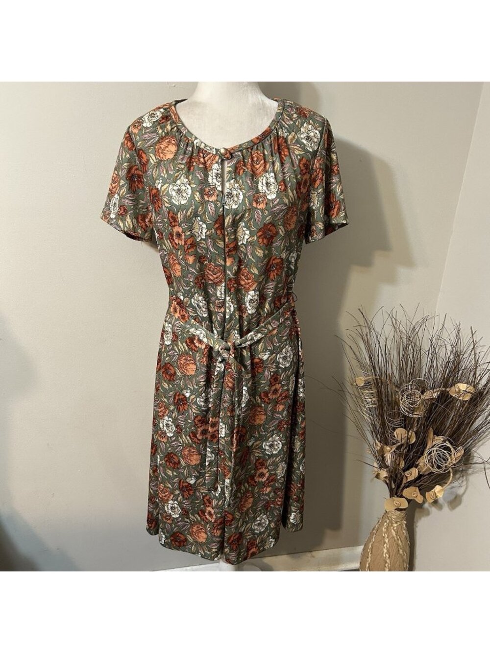 Vtg 50s Unbranded White Orange Floral A-line Dress Jersey Belt Front Zip Sz 16.5
